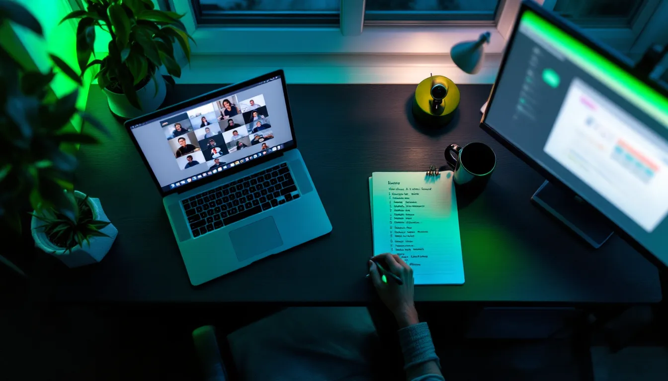 Overhead view of a small home-office desk at dusk: laptop on a video call, a legal pad with a device checklist, a mug and a webcam