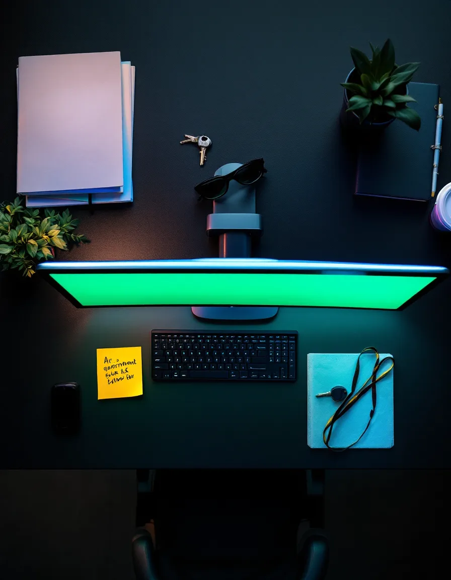 Overhead view of a dental front desk at night: keyboard, monitor, appointment book and a password sticky note on the screen bezel